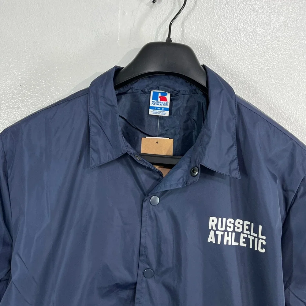 Russell Athletic Mens Large Navy Blue Coaches Jacket Windbreaker Snap Front NEW